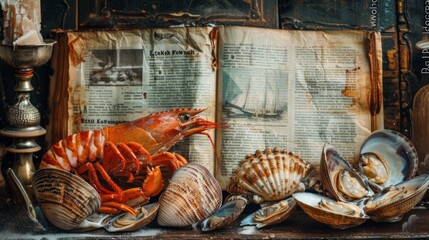 A detailed still life featuring a lobster, various seashells, and an antique book, evoking a vintage maritime theme, vintage maritime still life with lobster, seashells, and antique book.