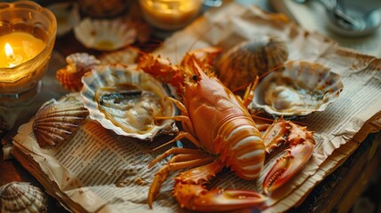 A detailed still life featuring a lobster, various seashells, and an antique book, evoking a vintage maritime theme, vintage maritime still life with lobster, seashells, and antique book.