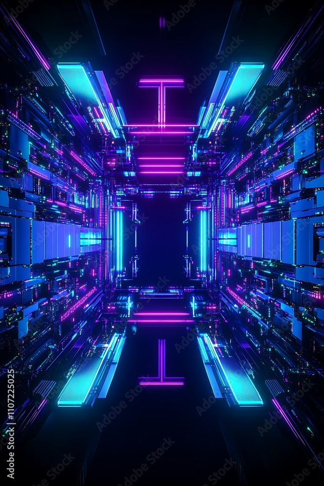 Poster futuristic neon corridor with bright colorful light beams and digital patterns in a high-tech enviro