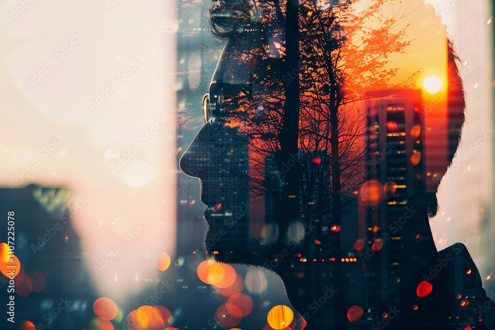 Poster side view portrait illustrating future architecture technology generative ai