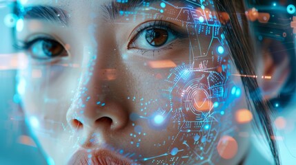Close-up of a woman face with a digital interface overlay, representing advanced technology, innovation about skincare and beauty of facial and smooth with scanning skin, treatment with futuristic.