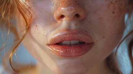 Close-up of a woman lips and freckles, lips with makeup with sexy, closeup mouth with lipstick with sensual, cosmetic and beauty, one person, complexion and care, feminine and beauty.