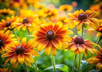 Fototapeta premium Vibrant Portrait of Rudbeckia Flowers in a Serene Garden Setting, Showcasing Their Golden Petals and Lush Green Foliage for Nature and Gardening Enthusiasts