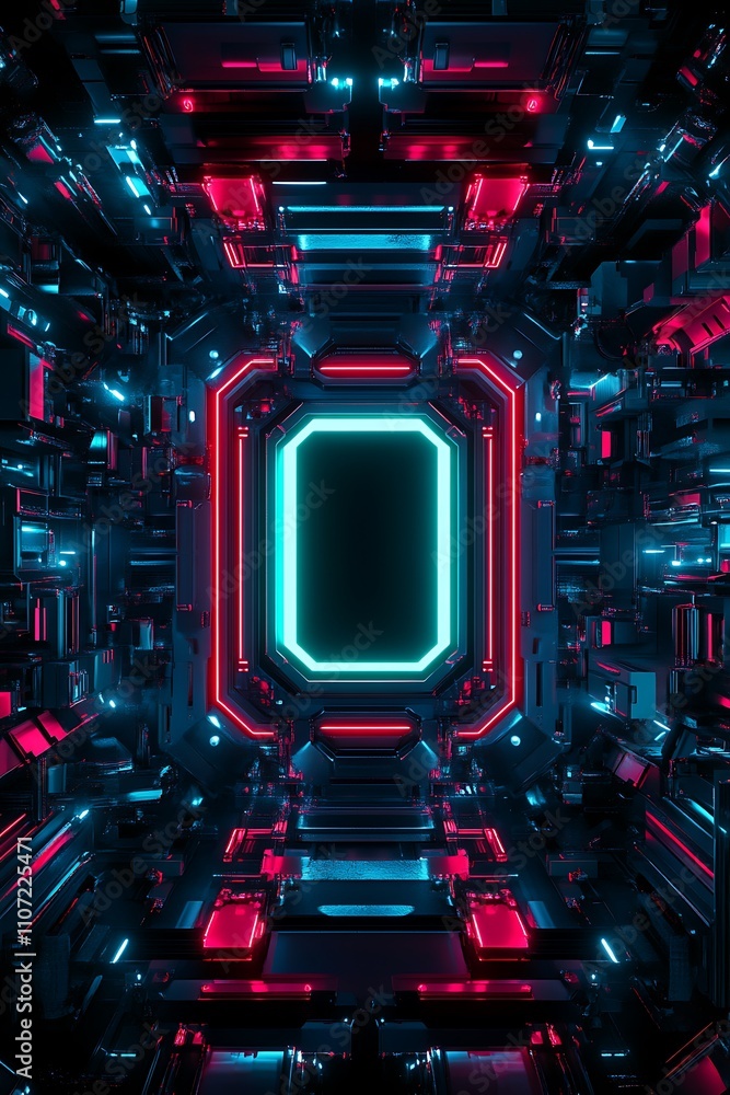 Poster futuristic neon corridor with glowing lights in a digital world of abstract shapes and structures