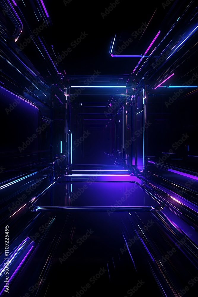 Poster futuristic neon corridor with glowing lines and abstract shapes in dark background for technology an