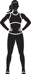 A sleek and minimalist vector illustration of a woman in a sports and fitness silhouette, standing confidently on a white background, silhouette of a person in a suit