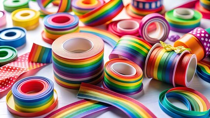 Vibrant Rainbow Ribbons Flat Lay: A Colorful Collection of Adhesive Tapes for Creative Projects, Gift Wrapping, and Crafting Inspiration