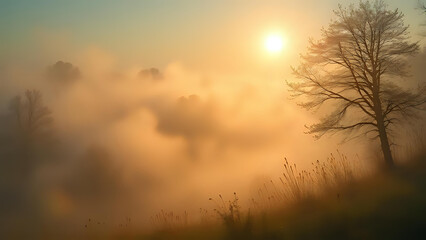 Sun rays effect fog landscape. Ai generated