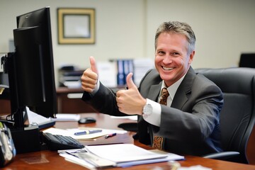 Successful Businessman Giving Thumbs Up in Professional Office Setting