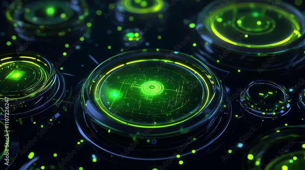 Poster futuristic neon green circular interfaces with glowing elements and digital patterns