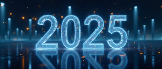 Projection of the new year 2025 on a glass surface. Business in 2025. Mirror surface and numbers 2025.
