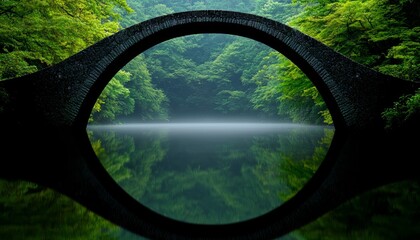 A serene, circular stone bridge reflected in calm waters, surrounded by lush green trees, creating a peaceful atmosphere.