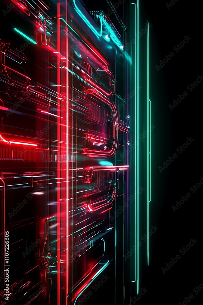 Poster futuristic neon light patterns on dark background creating vibrant digital aesthetic with abstract d
