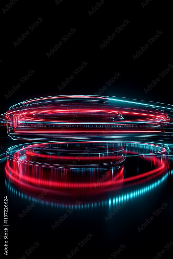 Poster futuristic neon light patterns with reflections on dark background for modern design projects