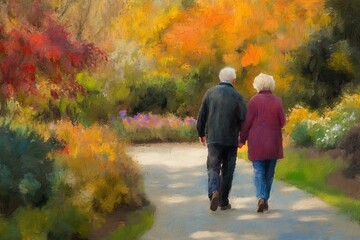 Elderly Couple Strolling Through Vibrant Autumnal Garden Path