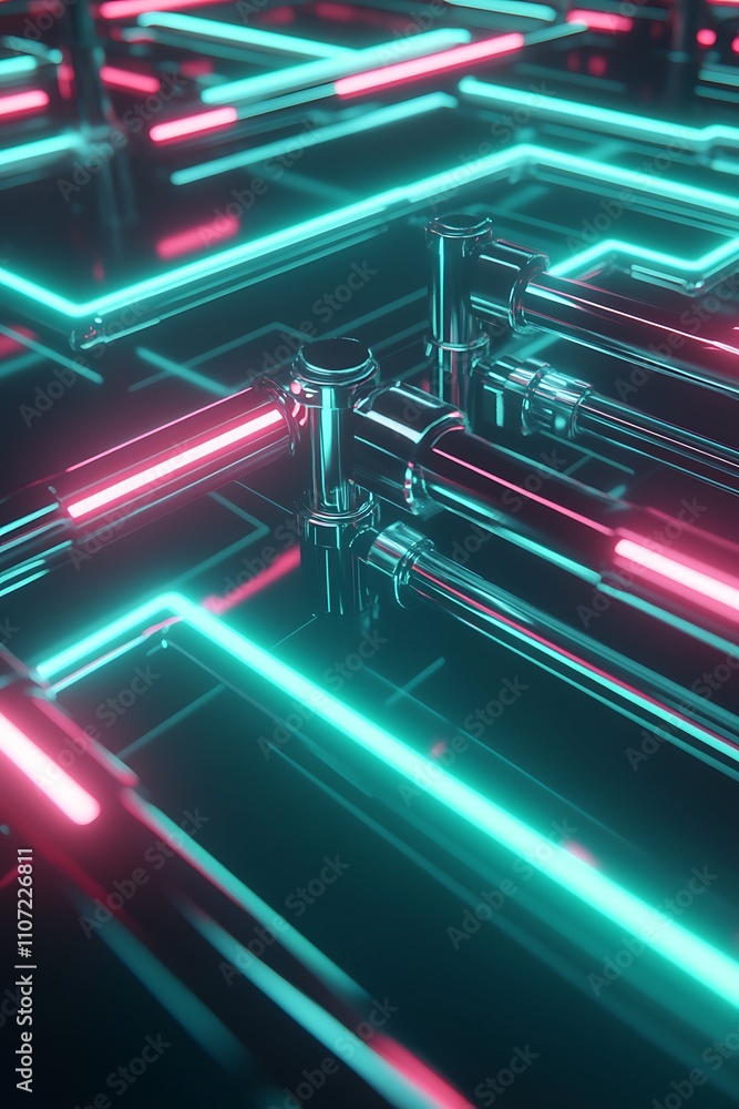 Poster futuristic neon pipe network with vibrant colors and abstract patterns in a dark environment