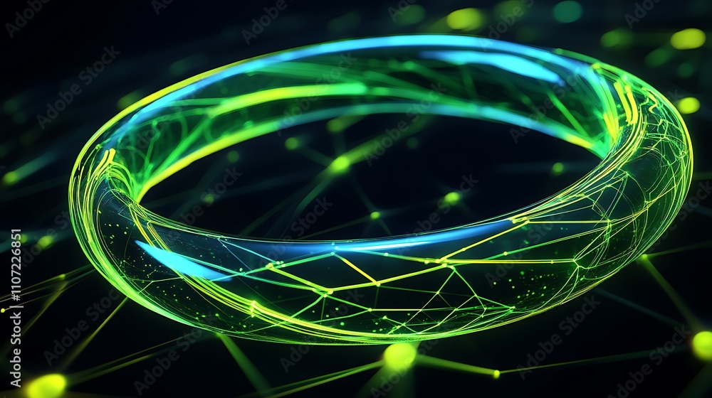 Poster futuristic neon ring with geometric patterns and glowing network connections in a dark background