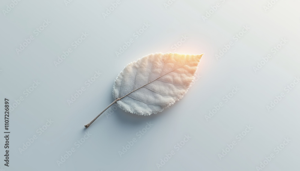 Poster lone frost-covered leaf illuminated by soft light against a minimalistic background