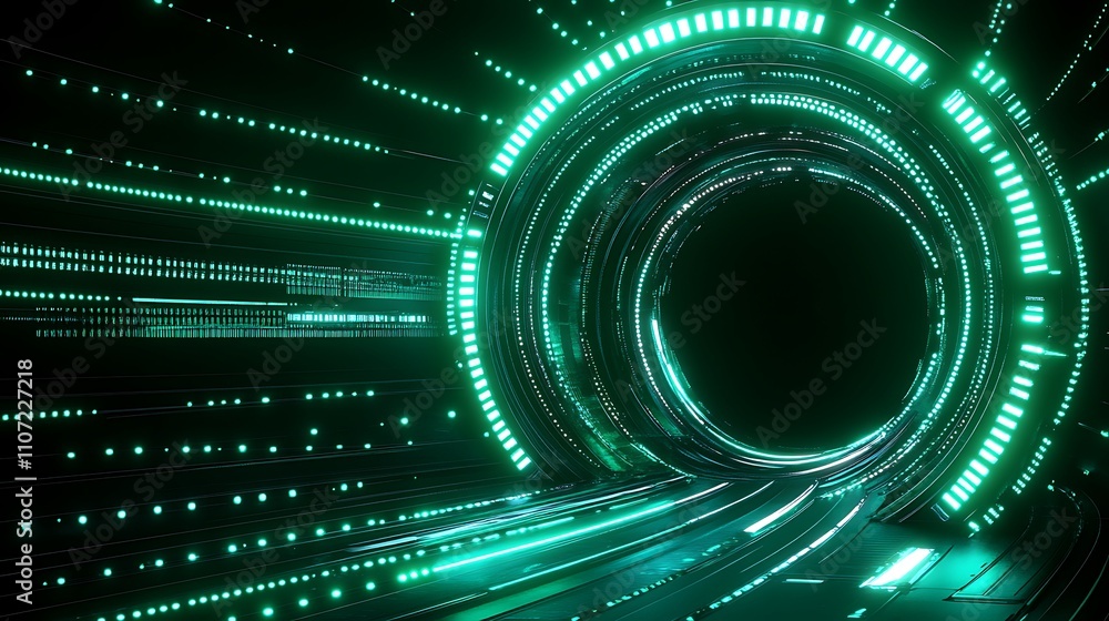 Poster futuristic neon tunnel with bright green lights and dynamic data streams abstract digital background
