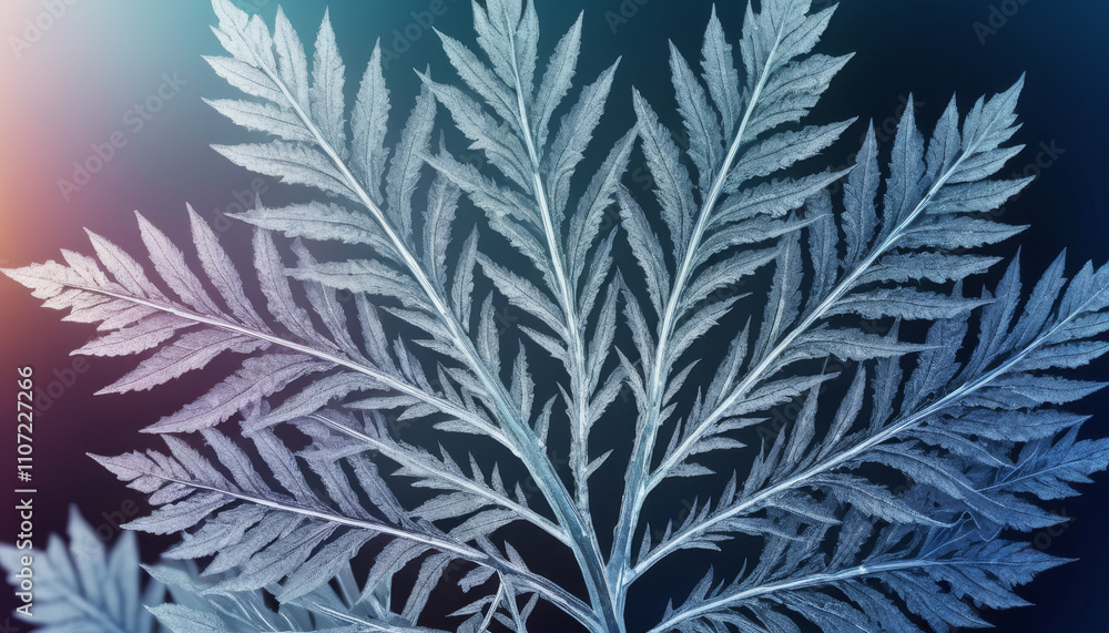 Poster Frost-covered fern leaves showcasing intricate patterns against a dark gradient background