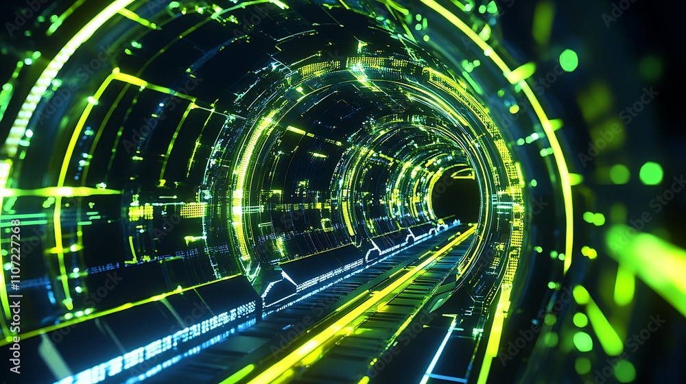 Poster futuristic neon tunnel with glowing lights and high-tech design in a digital space environment