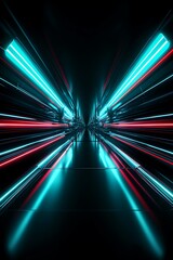 Fototapeta premium Futuristic neon tunnel with glowing light streaks and reflections in dark space environment