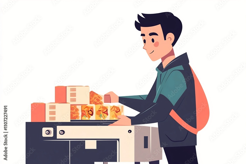 Poster flat style character operating a conveyor belt with packaged food in a modern factory production