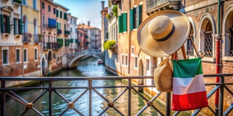 Italian flag, straw hat and tote bag resting on a bridge railing in Venice , Italy, travel, destination, Venice, tourism
