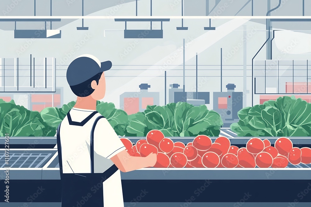 Poster Worker Inspecting Fresh Produce on Assembly Line in Factory Setting