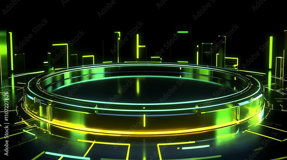 Poster futuristic round platform with neon lights and digital elements for technology presentation backgrou