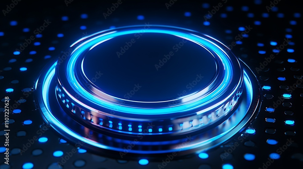 Poster futuristic round button with glowing blue neon light on a dark dotted surface for technology and int