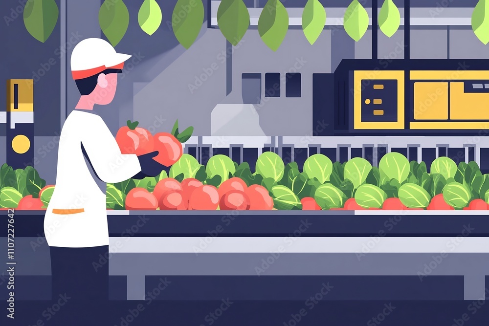 Poster flat style worker inspecting fresh produce on assembly line in factory