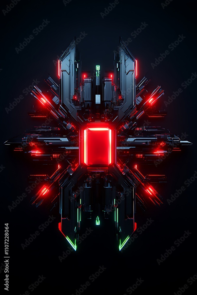 Poster futuristic sci-fi structure with bright red and green lights against a dark background for modern de