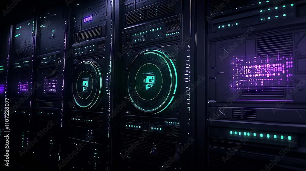 Poster futuristic server room with neon lights and high-tech data visualization in dark environment