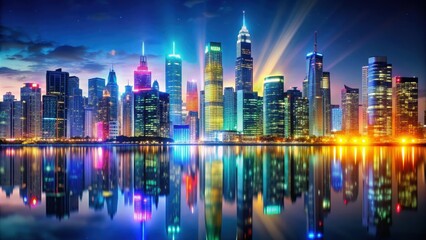 Obraz premium City skyline at night with glowing skyscrapers and colorful lights , cityscape, landscape, urban, skyline