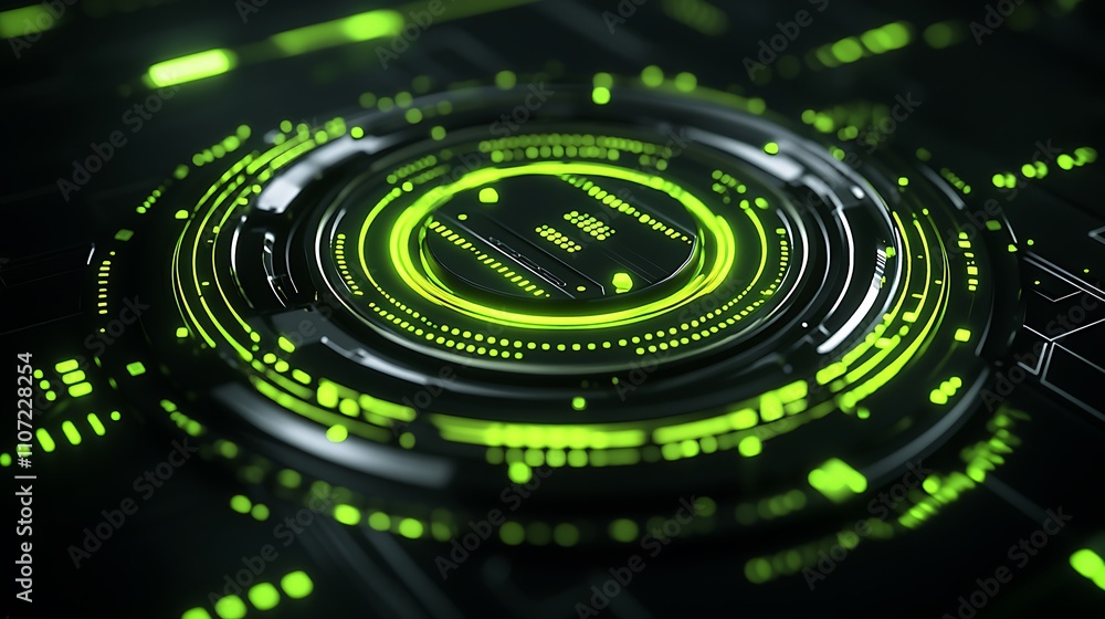 Poster futuristic technology interface with green circuit and digital elements for high-tech background