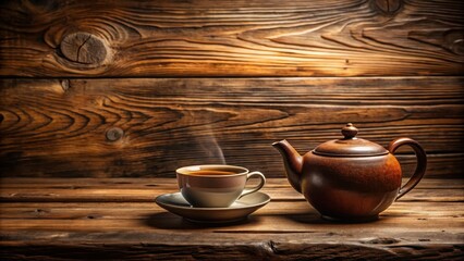 Fototapeta premium Teapot and cup on a rustic wooden table, tea, drink, ceramic, beverage, morning, breakfast, teatime, hot, cozy, vintage