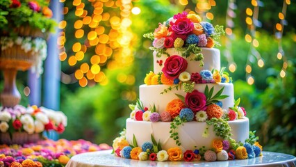 Gorgeous and beautiful wedding cake adorned with colorful and happy decorations, wedding, cake, celebration, happy, love