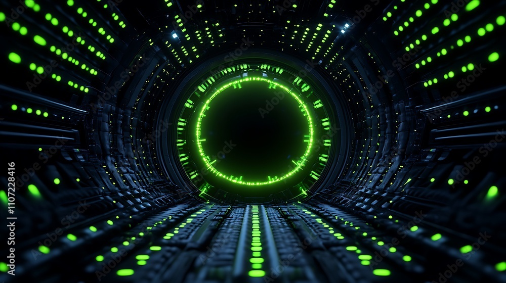 Aufkleber futuristic tunnel with green glowing lights and high-tech design elements creating a sci-fi atmosphe