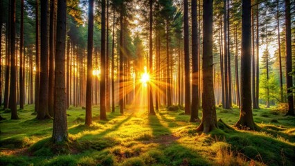 Fototapeta premium Sunset shining through trees in a tranquil forest setting, sunset, forest, trees, nature, peaceful, evening, dusk