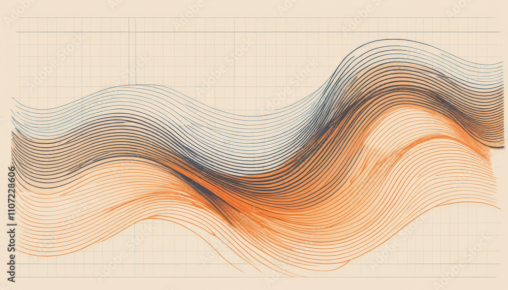 Poster abstract wave line art created with pen on paper, featuring fluid shapes and warm color gradients