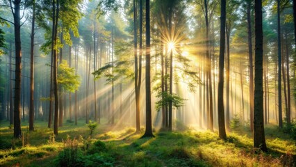Fototapeta premium Misty forest in the morning with sunlight peeking through the trees, fog, atmospheric, trees, woods, peaceful, serene
