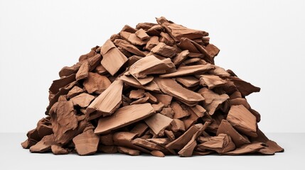 Pile of reddish-brown clay shards arranged against a plain white background, showcasing a variety of shapes and sizes for artistic or material purposes.