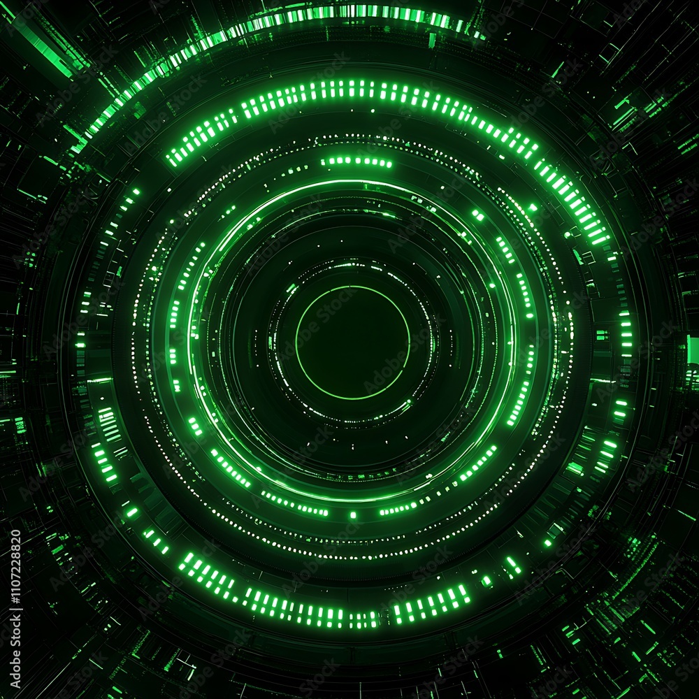 Poster glowing green futuristic abstract circle design with circular patterns and neon light effects