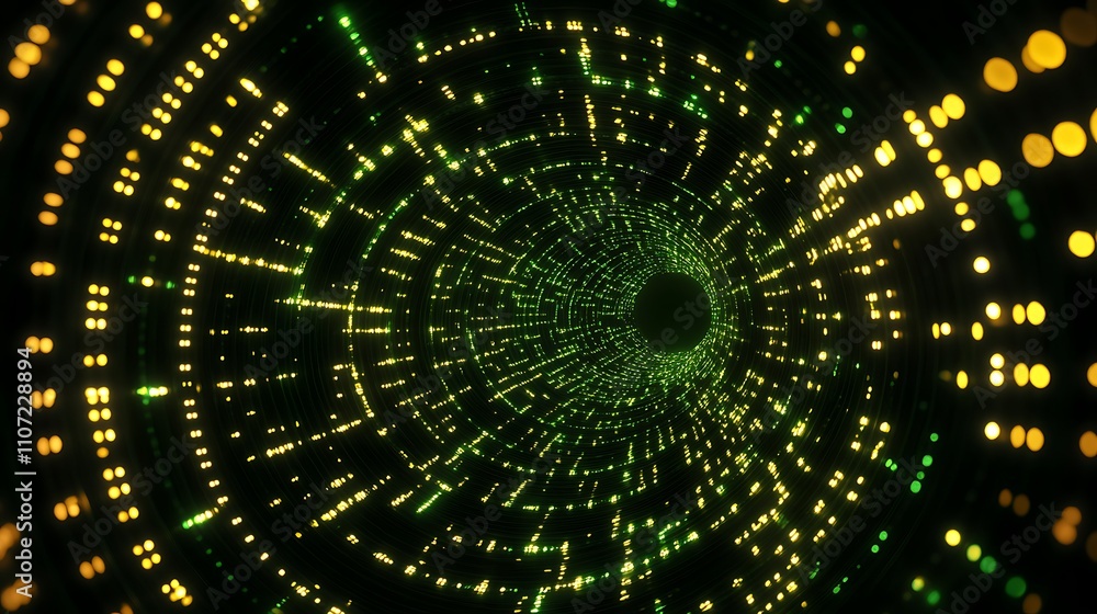 Poster glowing green light tunnel with dynamic particles creating a futuristic and abstract visual effect