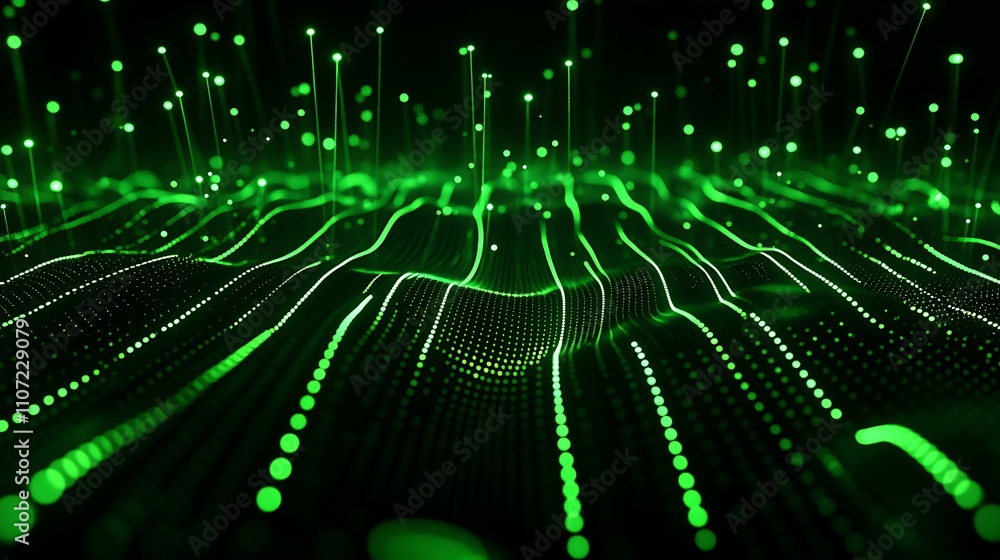 Poster green abstract digital landscape with flowing light particles and waves in futuristic technology set