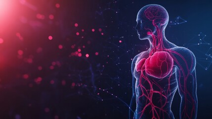 Naklejka premium An abstract illustration of the human circulatory system with glowing blood vessels and heart, set against a sleek, dark background