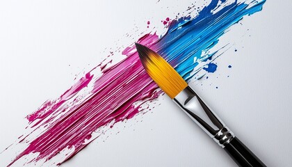 Obraz premium A vibrant paint stroke in pink and blue with a brush, showcasing artistic creativity on a blank canvas.