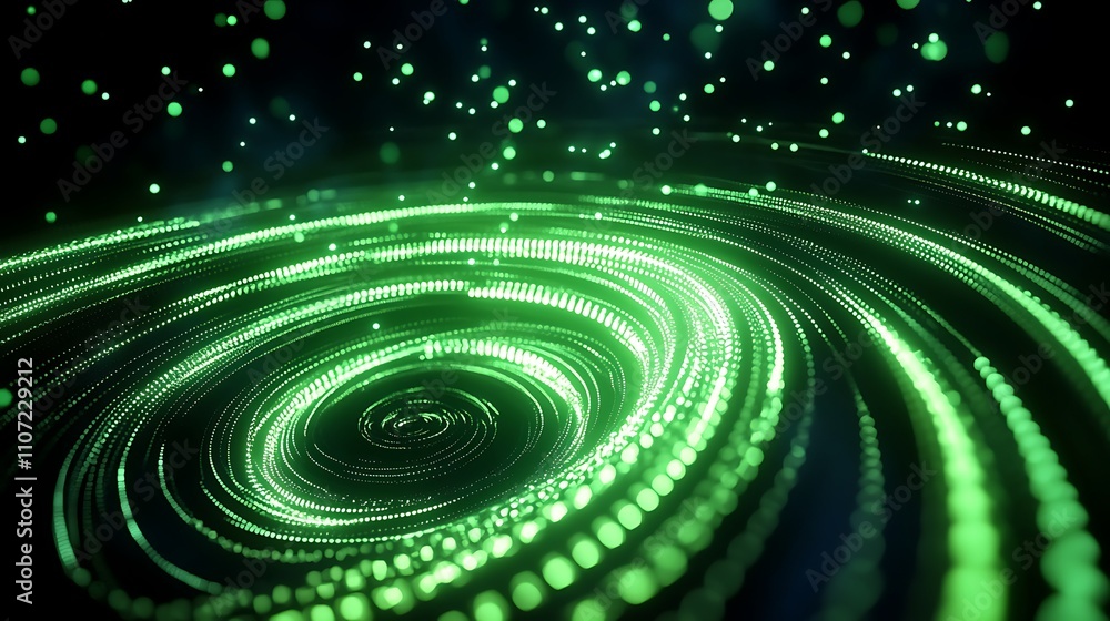 Poster green glittering twinkle light swirl abstract background with bokeh effect and digital particles in 