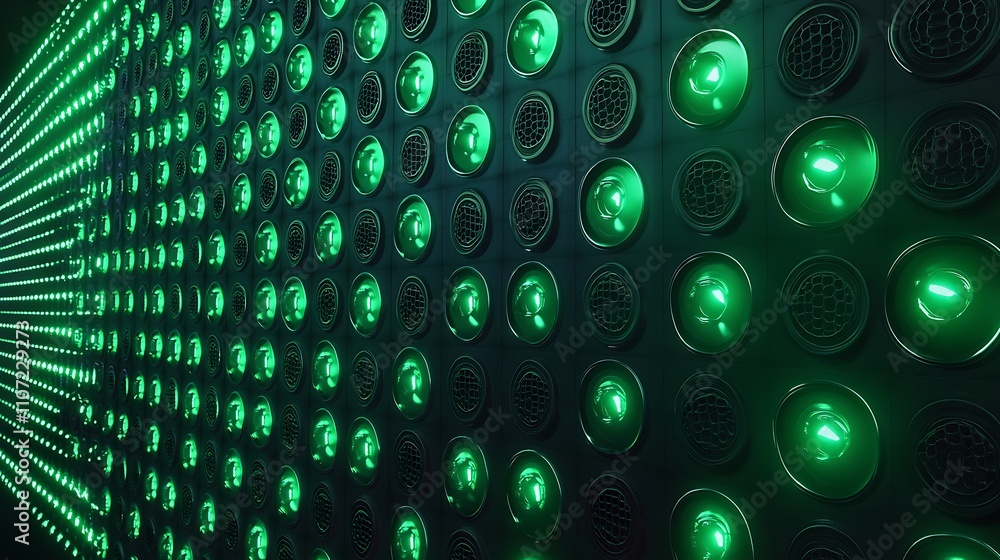 Poster green light display with circular patterns and led effects on a dark background for creative use in 